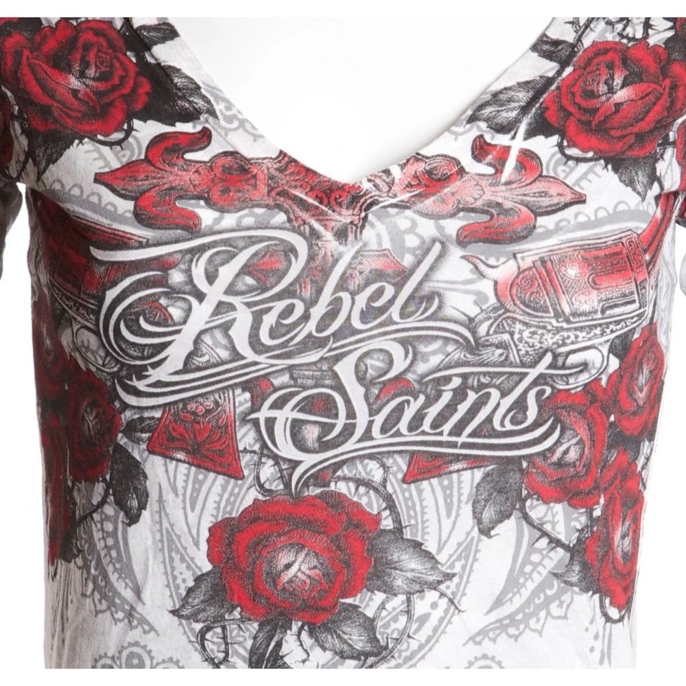 Rebel Saints AFFLICTION Womens T-Shirt SOPHIA Guns Tattoo Biker - Picture 5 of 7